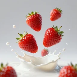 strawberries hovering, thick milk splashes, advertising photo, highspeed photo, studio lighting