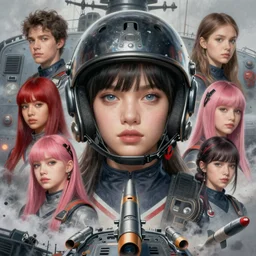portrait of bluepunk redpunk blackpink lisa navy girl, helmet, warship board, missile, fog, highly detailed, digital painting, face detail, sharp focus, art, illustrations by loish and ayanamikodon and irakli nadar and rossdraws and wlop