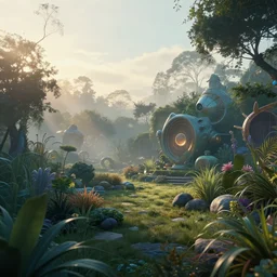 a photo of a garden by benoit b. mandelbrot, golden hour, dreamy, misty, cool, afrofuturistic, side shot, detailed, rendered in unreal engine