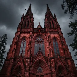 hasselblad photograph of a epic dark gothic cathedral with tall spires made of hard red rock, gothic architecture, large windows, bloodborne cathedral, stained glass windows, gothic cathedral, GOTHIC cathedral, bristlecone pine trees, ultrawide cinematic, dark dramatic skies, atmospheric, vultures