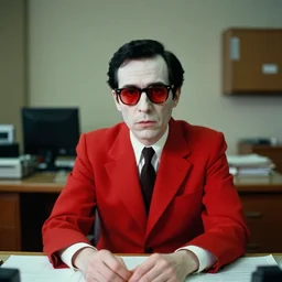 portrait front view of a man in a red suit sitting at a desk, glasses with red lenses, pale skin, black hair, creepy atmosphere, background 1970s office, photograph by Wes Anderson, Kodak Ektra 22, depth of field