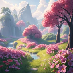 ! dream colour theory cascading concept art of spring flower landscape in the style of breath of the wild, fortnite season 1 beautiful, fortnite graphics