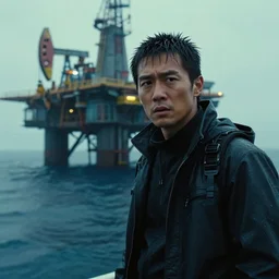 a still from bladerunner 2 0 4 9 depicting a long shot photograph of a handsome asian man wearing wet weather gear. he stares intently into the camera with a worried expression. behind him is a futuristic oil rig in the deep ocean. sci fi, futuristic, cinematic, low light, soft focus.