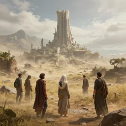 windswept vista overlooking distant futuristic overgrown temple. jasmin habezai - fekri, anton fadeev, tony zhou shuo, greg rutkowski, unreal engine 5