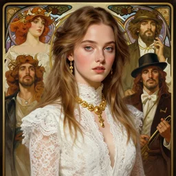sydney sweeney, white lace clothing, gold accessories, elegant, highly detailed, digital painting, matte, sharp focus, art by artgerm, greg rutkowski, alphonse mucha, frank frzetta, boris vallejo, bouguereau, cinematic