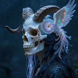 surrealism, night background rain, swirly 3 / 4 profile close up portrait with ram skull mask of a goddess jellyfish nautilus translucent bioluminescence intricate crow wings phoenix, artwork by tooth wu and wlop. octane render, trending on artstation, greg rutkowski cinematic, hyper realism, high detail, octane render, 8 k