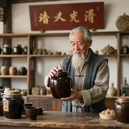 ancient chinese traditional medicine shop with an old chinese man holding a jar, photography