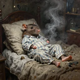 anthropomorphic bipedal rat that is dressed in pajamas, and lounging in a bedroom, classic oil painting, in the style of dungeons & dragons, and magic the gathering, by eugene delacroix, dusty, cluttered room, messy, comfy, sleepy, cool tones, fog, steam, vapor, mystic, dim, extremely detailed, award - winning art, sharp focus, 4 k