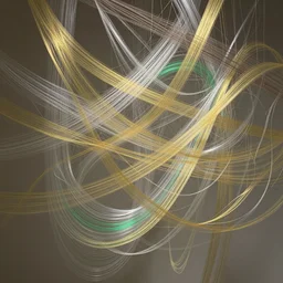 a translucent wall made of millions of thin ribbons and threads of translucent gold, silver, and green that are twisting, swirling, unraveling, and pulling apart into vast, netted, spiderweb structures, unreal engine