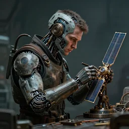 a rugged engineer man with cybernetic enhancements working assembling a satellite scifi character portrait by greg rutkowski, esuthio, craig mullins, 1 / 4 headshot, cinematic lighting, dystopian scifi gear, gloomy, profile picture, mechanical, half robot, implants, steampunk