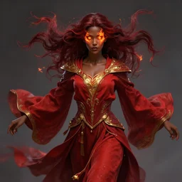 Portrait of a beautiful sorceress, solo character!!, dnd, d&d, Red robes, golden accents, young, dark red hair, dark skin, fire eyes, floating, detailed face, highly detailed, high fantasy, matte painting, midjourney!, by Krenz Cushart and Artem Demura and alphonse mucha, artstation, HD, 4K