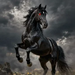 stunning artwork of a big black stallion horse with glowing red eyes standing on it's hind legs, artwork by ethan van sciver, dramatic lighting
