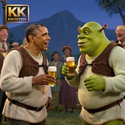 obama meeting shrek, 8K, party, beer, moutain background, night