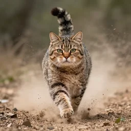 award winning wildlife photography, a fat house cat, high midair shot, running towards the camera, straight shot, high shutter speed, dust and sand in the air, wildlife photography by Paul Nicklen, shot by Joel Sartore, Skye Meaker, national geographic, perfect lighting, blurry background, bokeh