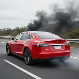 A red Tesla Model S on the autobahn with a huge black smoke coming from the rear