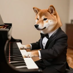 shiba inu in a tuxedo playing a grand piano, digital art, 8 k, high detailed