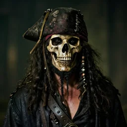 70mm photo of a skull masked dirty rugged old pirate lord wearing a Skull Bone Mask dirty old black hat, worn black coat, long black beard and long black hair, dark scene with dim light, movie scene, depth of field