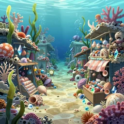 anime background of an undersea slums shopping district built from various sea shells and corals, seaweed, light prisms, light diffraction, steampunk, cyberpunk, cool colors, caustics, anime, vhs distortion, inspired by splatoon by nintendo, art created by naoko takeuchi