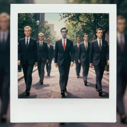 wide-shot low angle of empty animated formal suits ((heads)) walking down the street, polaroid photo, by Andy Warhol, by Rene Magritte