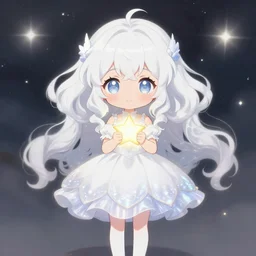full body cute adorable young anime kitsune with white curly hair, pearlescent white magical girl dress. holding tiny glowing star. isekai heaven, symmetrical face. symmetrical detailed defined eyes. beautiful lineart. pixiv # 1 ranking depth of focus, chromatic aberration, noise, soft lighting, srgb, 4 k, by rembrant, kuvshinov, and ross tran
