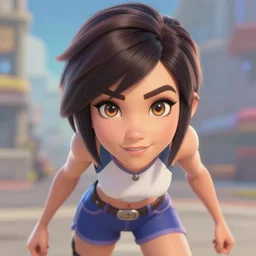 overwatch tracer wearing short shorts, digital art, pretty face, very beautiful face, very detailed eyes, ultra detailed, by woop, greg rutkowski,