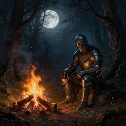 a hyper realistic digital painting of a haunted forest with a campfire, a knight is sitting by that campfire, full of details, intricate, night time, volumetric light, full moon, moonglow, dark fantasy, horror, in the style of greg rutkowski
