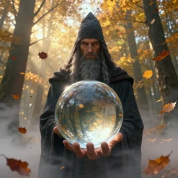 ! dream epic composition, cinematic, foggy bottom, artstation, greg rutkowski, god rays, clyde caldwell, art by john berkley, ultrasharp, octane render, falling autumn leaves are reflected in the ball, portrait of mighty wizard holding in hand huge clear glass fresnel ball in the sunshine autumn forest, detailed