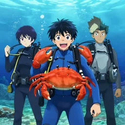 portrait of the The jovial Water Mage Mage Wearing a blue scuba suit whilst disguised as a crab Under the sea uta natsume Mark Riddick Alexey Egorov Inio Asano sui ishida