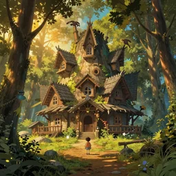 baba yaga's hut in brutalist style in a clearing in the forest, ghibli, pixar, mohrbacher, james jean, breath of the wild, golden hour, magical, cinematic, moebius