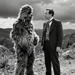 A still from the black and white movie where Chewbacca starred alongside Charlie Chaplain
