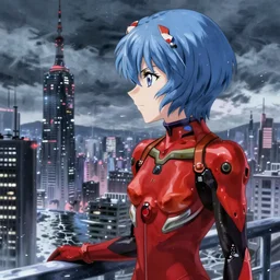 Rei Ayanami gazing out over a flooded NeoTokyo, Short blue hair blowing in the wind, red water, Plug suit, Hideaki Anno style, high resolution, bluray release