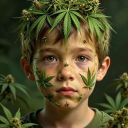 duotone concept illustration 3 / 4 portrait of kid face consisting of marijuana, groot, cannabis!, cinematic volumentric lighting, jim cheung, david marquez, mike deodato jr, ilya kuvshinov, makoto shinka, behance hd by jesper ejsing, by rhads, hyper detailed, octane render, concept art, artstation