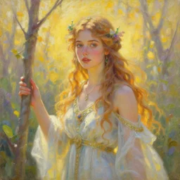 pharanthya, the beautiful norse goddess of spring, oil on canvas, highly detailed, vibrant colors, golden sunlight