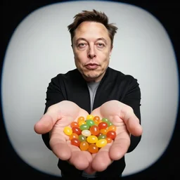 Elon Musk offers jelly beans, looking straight to the camera, fisheye effect
