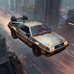 a rusty corroded delorean flying through a cyberpunk city, 4 k, concept art, wadim kashin, john berkey