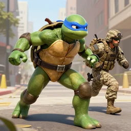 ninja turtles escape and two military ( american uniform ) ran to sound the alarm and all the turtles began to descend the water slides, anime, cosmos, 4 k,