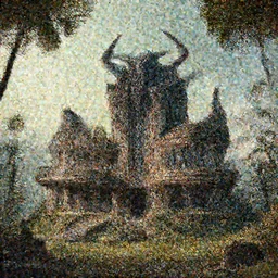 Beautiful brutalist house of demon lord reminiscent of Fallout on a secluded mountain with trees around
