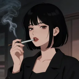 soft shaded comic style noir, girl with short black hair smoking