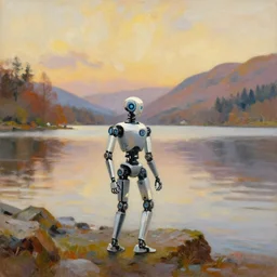 a robotic wanderer around lake windermere, lake district, impressionist painting, warm colors,
