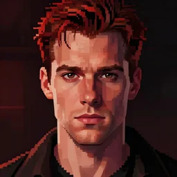 dexter morgan face, portraiture, pixel art, red and black tones