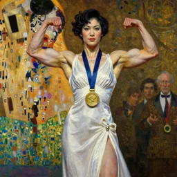 highly detailed oil painting of female bodybuilder mai shiranui wearing white dress, very intricate, cinematic lighting, award - winning, the good spirit of god, by roberto ferri, by tom bagshaw, by j. c. leyendecker and klimt, beautiful cinematic light, american romanticism, by austin osman spare, artstation, cgsociety, official art, octane