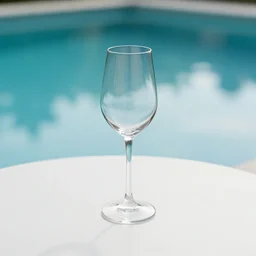 5 5 mm photo of thin tall wine glass on a zen minimalist round white table with gorgeous pool in the background. highly detailed 8 k. intricate. lifelike. soft light,