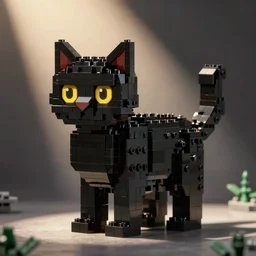 a black cat with yellow eyes made out of legos