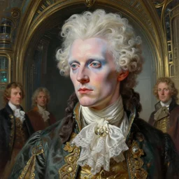 closeup painting of uncannily beautiful albino aristocrat wearing rococo byzantine clothes and face paint inside bronze art deco arcology, science fiction concept art by j. c. leyendecker, greg rutkowski, and beksinski