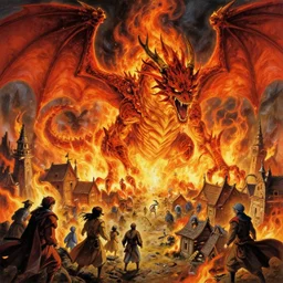 anime key visual of fearsome fire dragon burning down fantasy village, burning screaming terror, style of jamie wyeth james gilleard edward hopper greg rutkowski acrylic painting, preserved museum piece, historical