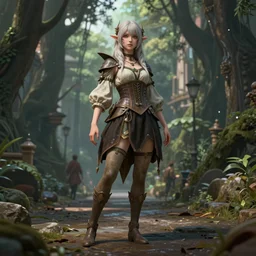 artist reference pictures pose, anatomy skills,sophisticated composition, old masters light composition, procedurally generated, epic anthropomorphic spirit girl character posing for concept art, forest city streets behind her, costume design from videocard designers, substance designer, PBR, HD, Ultra detailed, hyperrealistic, megascans, volumetric light, concept by master artist, made in paint tool SAI2, trending pixiv face