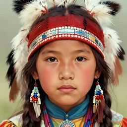 portrait of native american 7-year-old girl with head dress in the style of artgerm, wlop, digital art, close-up, insanly detailed