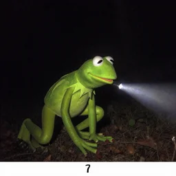 trail camera photo of a moving kermit the frog at night in the forest. obscurity. darkness!!!. flash light. art by dan peacock