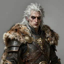 portrait painting of a sarcastic male with white hair wearing fur leather armor, ultra realistic, concept art, intricate details, eerie, highly detailed, photorealistic, octane render, 8 k, unreal engine. art by artgerm and greg rutkowski and charlie bowater and magali villeneuve and alphonse mucha