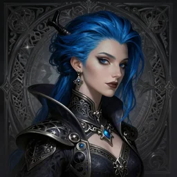 Necromancer Sorceress, fantasy magic, undercut blue hairstyle, dark light night, intricate, elegant, sharp focus, illustration, highly detailed, digital painting, concept art, matte, art by WLOP and Artgerm and Greg Rutkowski and Alphonse Mucha, masterpiece